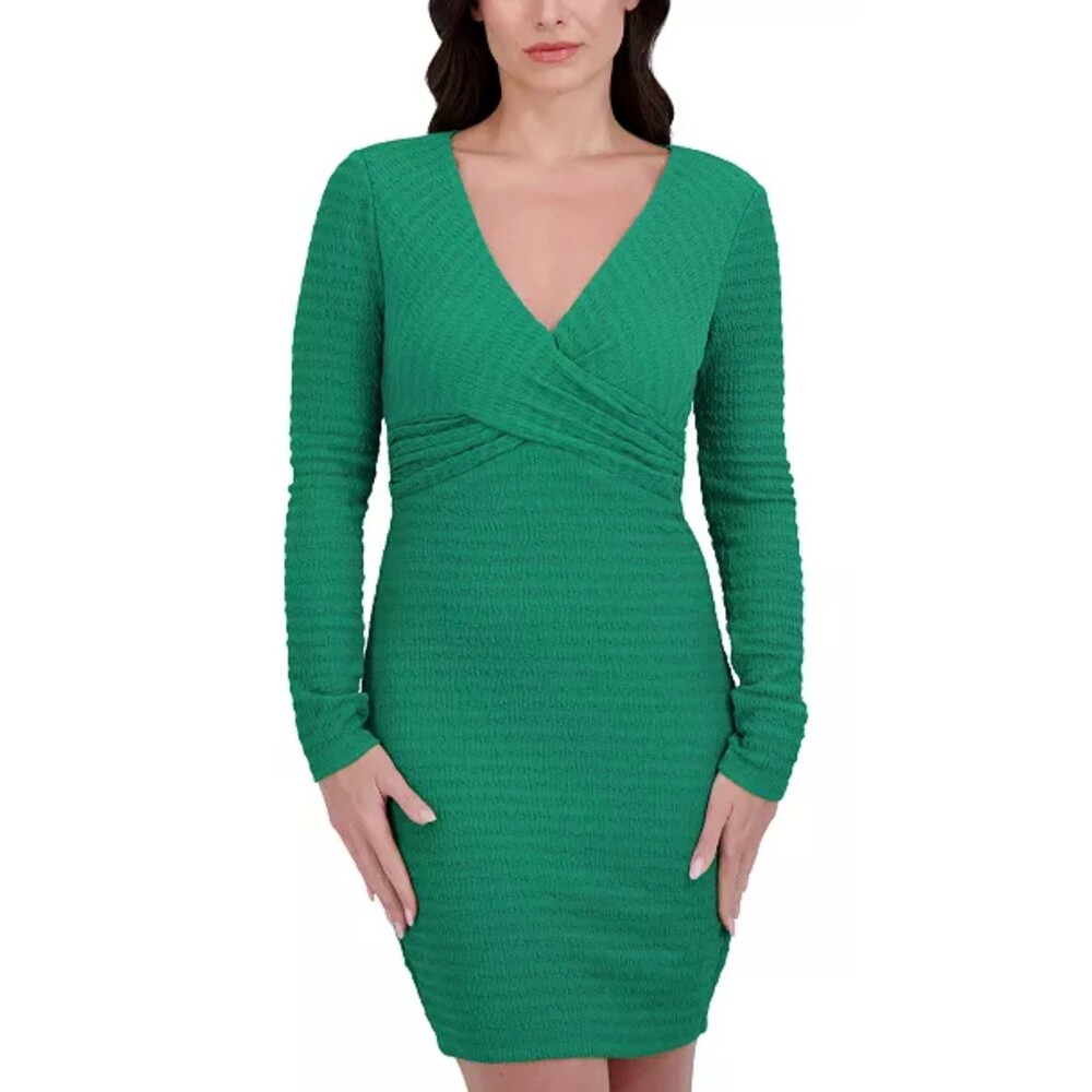 Siena Womens Textured Knit Bodycon Dress Long Sleeve V-Neck Size 8 Green NEW NWT